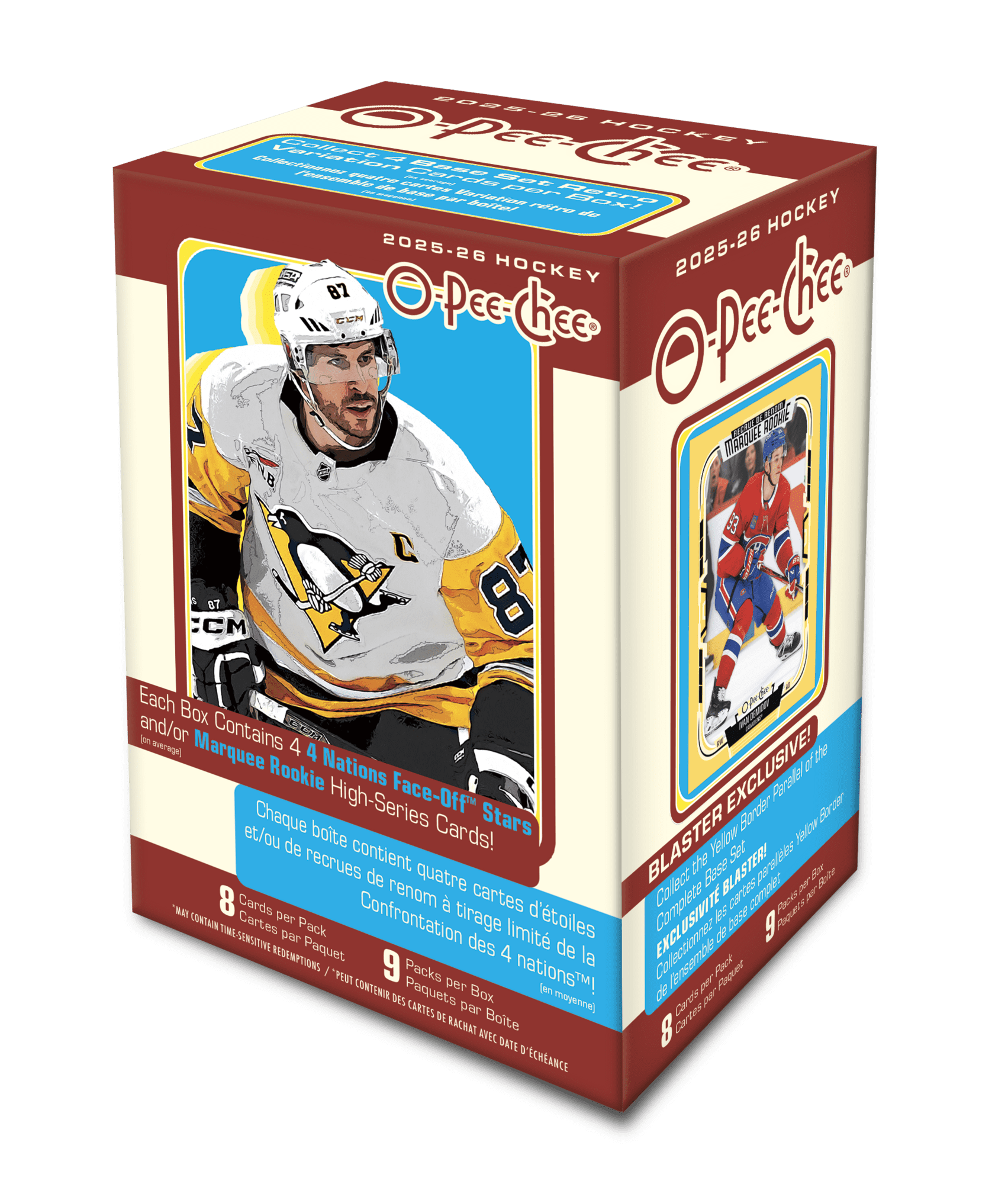9 balíčků v boxu/8 karet v balíčku KAŽDÝ BOX PRŮMĚRNĚ OBSAHUJE: - 9x Yellow Border paralelní karta - 4x All-Star a/nebo Marquee Rookie kartu - 4x Base Set Retro Variation kartu - 1x Blue Border paralelní karta O-Pee-Chee nabízí tradičně největší základní set o 600 kartách, který obsahuje také 100-kartový high-series subset tvořený kartami 4 Nations Face-Off Stars (Crosby, MacKinnon, Makar...) a 2025-26 Marquee Rookies (Demidov, Levshunov, Parekh a další). Pro kompletní základní set jsou k dispozici tři paralelní verze: - Blue Border (v průměru 1 na box) - Red Border, - Yellow Border (v průměru 9 ks na box - 1 ks v každém balíčku). K dispozici jsou také tradiční verze Retro Variation kompletního base setu. Největší Hity! Set O-Pee-Chee Premier se vrací a nabízí řadu nejlepších hvězd i nováčků (McDavid, Celebrini, Buium, Sennecke...). KLÍČOVÍ NOVÁČCI: Matthew Schaefer, Ivan Demidov, Ryan Leonard, Gabe Perreault, Michael Misa, Jimmy Snuggerud, Noah Ostlund, Zeev Buium, Easton Cowan, Sam Rinzel, Artyom Levshunov, Zayne Parekh, Axel Sandin-Pellikka, Sam Dickinson, Beckett Sennecke, Dalibor Dvorský... CZ a SK HRÁČI V SÉRII: David Pastrňák, Lukáš Dostál, Jakub Dobeš, Radko Gudas, Pavel Zacha, Adam Klapka, Martin Nečas, David Jiříček, Ondřej Palát, Filip Hronek, Filip Chytil, Tomáš Hertl, David Tomášek, Karel Vejmelka, Dalibor Dvorský, Erik Černák, Juraj Slafkovský, Martin Pospíšil. PRODUKT OBSAHUJE: Insertní karty: O-Pee-Chee Premier 1:12 Base Set Karty: Base Set (1-500) N/A Base Set 4 Nations Face-Off Stars (501-540)/Marquee Rookies (541-600) 1:2 Base Set - Blue Border Parallel 1:6 Base Set - Red Border Parallel 1:36 Exkluzivně v Blaster verzi! Base Set - Yellow Border Parallel 1:1 Base Set Retro Variation 1:2